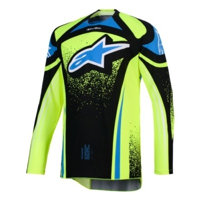 Camisola motocross preto e amarelo fluorescente com estrela azul e branca