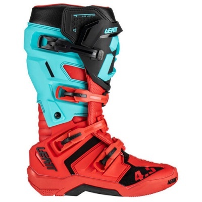 Bota desportiva Leatt vermelha, azul turquesa e preta com fivelas e texto