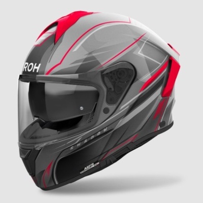 Capacete integral de motociclista cinza, preto e vermelho com viseira transparente