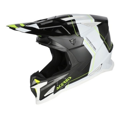 Capacete de motocross preto, branco e verde fluorescente com texto ACERBIS EQUIPMENT e COMPOSITE FIBER TECHNOLOGY