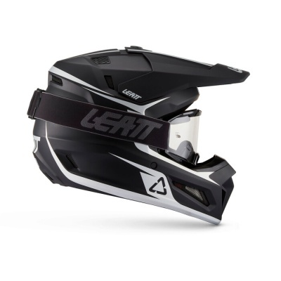 Capacete integral preto com viseira transparente e faixa elástica preta com texto LEATT