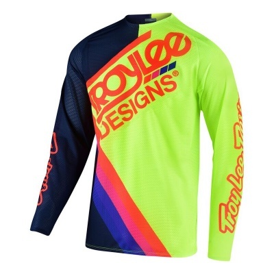 Camisola técnica de manga comprida verde fluorescente, azul escuro e vermelho com logótipo Troy Lee Designs