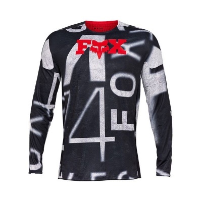 Camisola desportiva longa com padrão abstrato cinza e preto com texto vermelho FOX