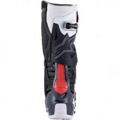 Bota de motociclismo preta, branca e vermelha com fecho metálico e logótipo de estrela