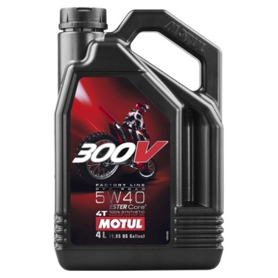 Recipiente preto de óleo Motul 300V 5W40 para motociclos com etiqueta vermelha e preta