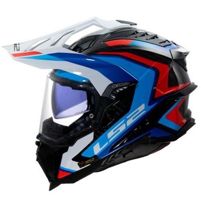 Capacete de motociclismo LS2 colorido em preto, azul, vermelho e branco com viseira transparente