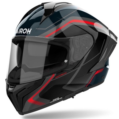 Capacete de moto modular preto com detalhes vermelhos e visor transparente