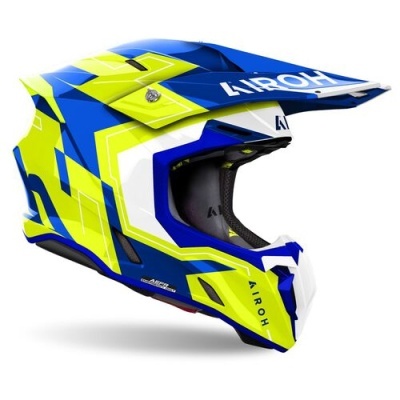 Capacete motocross azul, amarelo e branco com texto AIROH.
