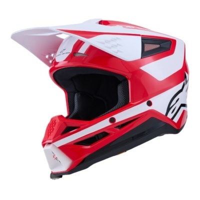 Capacete motocross vermelho branco com detalhes pretos e interior acolchoado