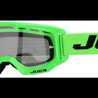 Óculos de proteção verdes com correia preta e texto verde JUST