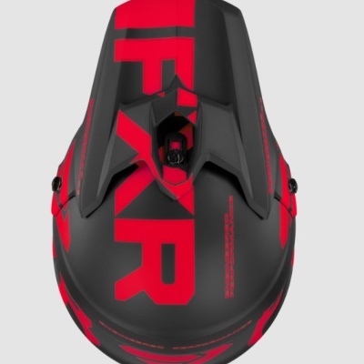 Capacete preto e vermelho com a palavra FIXR em vermelho