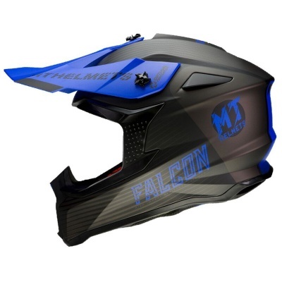 Capacete de motocross preto e azul com textos MT HELMETS e FALCON