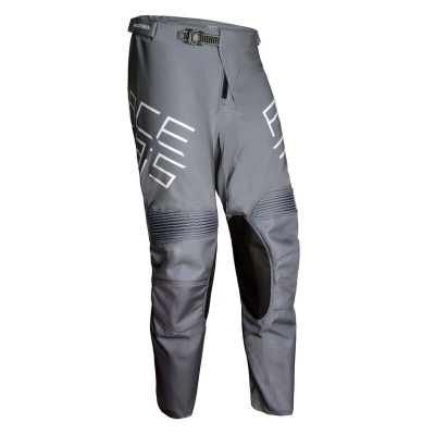 Calças cinzentas de motociclismo com reforços pretos e texto branco RACE GEAR