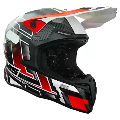 Capacete integral motocross preto, branco, vermelho e cinza com viseira