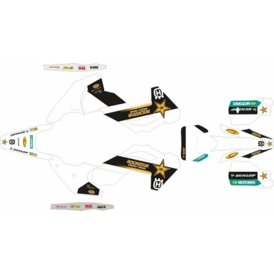 Autocolantes para mota de motocross com logo ROCKSTAR e HUSQVARNA em preto, branco, dourado e verde