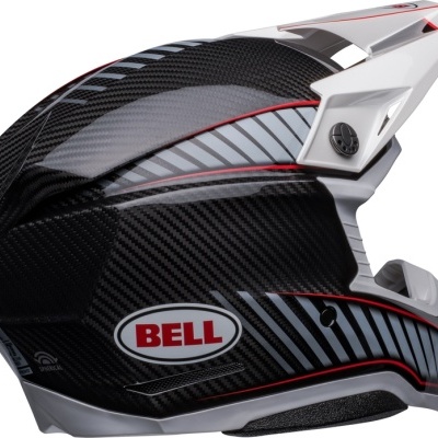 Capacete integral motocross fibra carbono preto com detalhes prata, vermelho e cinza com logótipo BELL