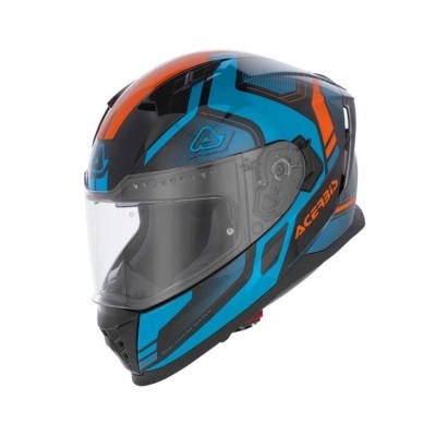 Capacete integral azul e laranja com viseira transparente