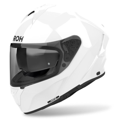 Capacete integral branco com viseira fumada e marca ROH na frente