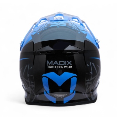 Capacete de proteção preto e azul com visor fumado e texto MADIX