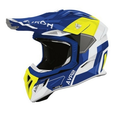 Capacete de motocross azul, amarelo e branco com texto AIROH e AVRA