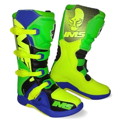 Botas desportivas IMS em amarelo, verde, azul e preto com fivelas e logotipo