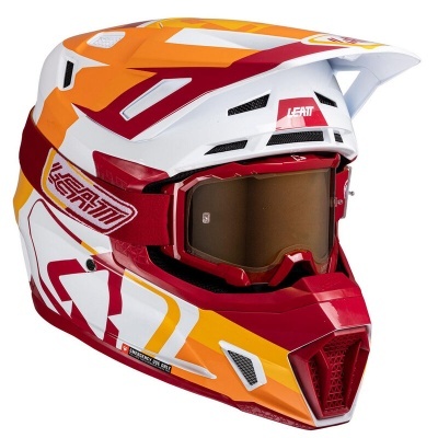 Capacete integral motocross branco, vermelho, laranja e amarelo com óculos e viseira