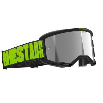 Óculos de proteção com lente espelhada e tira preta com texto verde neon