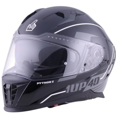 Capacete integral preto com viseira transparente e textos PYTHON I e 1UP 4D