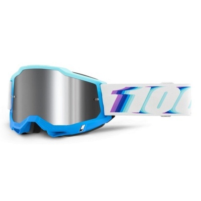 Óculos de proteção com lente espelhada e faixa elástica branca com texto '100%'.