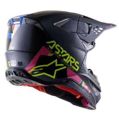 Capacete de motocross preto com detalhes coloridos e logo ASTARS