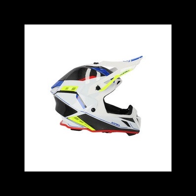 Capacete de motocross branco com detalhes coloridos e viseira transparente