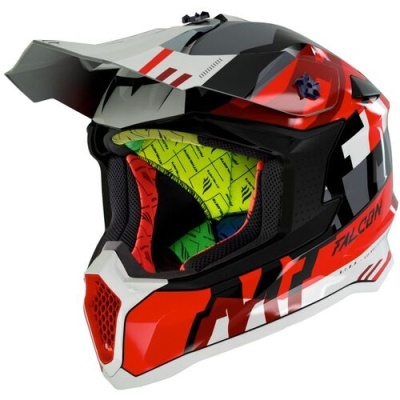 Capacete motocross preto, vermelho, cinza e branco com interior colorido e visor ajustável