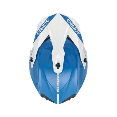 Capacete azul e branco com texto ACERBIS e RACEWEAR