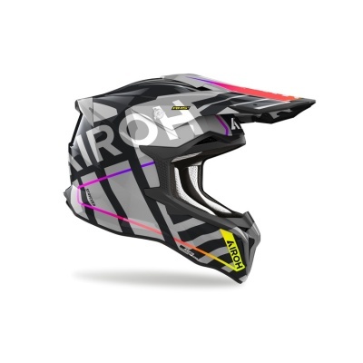 Capacete Airoh preto e cinza para motocross com detalhes coloridos e texto AIROH