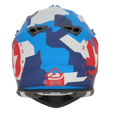 Capacete de motocross camuflado azul, branco e vermelho com aberturas de ventilação