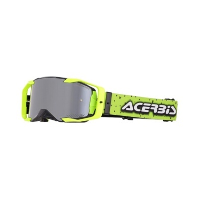 Óculos de proteção para motocross amarelos com lente espelhada e fita com o texto ACERBIS