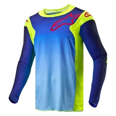 Camisola desportiva azul, amarelo neon e roxo com logotipo vermelho Alpinestars