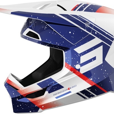 Capacete motocross azul, branco e vermelho com padrões geométricos