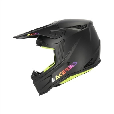 Capacete preto para motocross com detalhes amarelos e logotipo ACERBIS colorido
