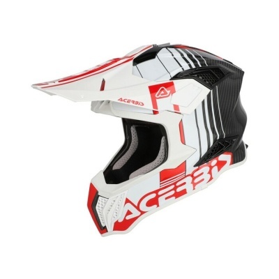 Capacete de motocross branco, vermelho e preto com texto Acerbis