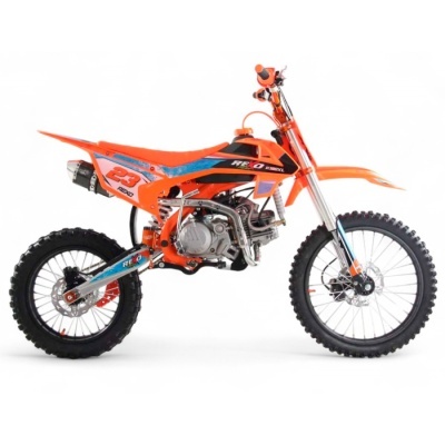 Moto motocross REXO K190XL laranja com detalhes azuis e pretos, pneus todo-o-terreno