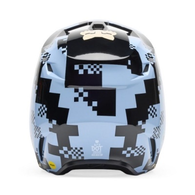 Capacete de motociclismo azul claro e preto com padrão pixelado e texto DOT e MIPS