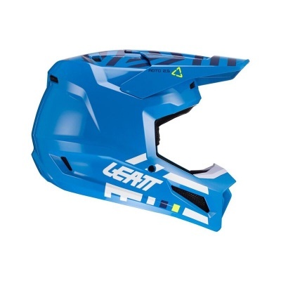 Capacete integral azul com detalhes brancos e pretos e marca LEATT