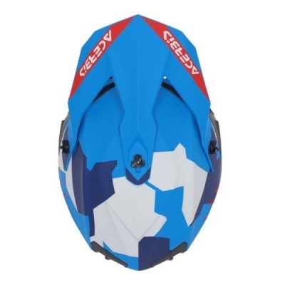 Capacete azul, branco e vermelho com padrão geométrico e logo ACERBIS