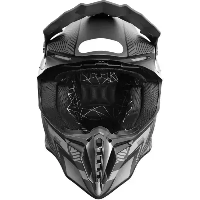 Capacete motocross preto com padrões cinzentos e forro interior almofadado
