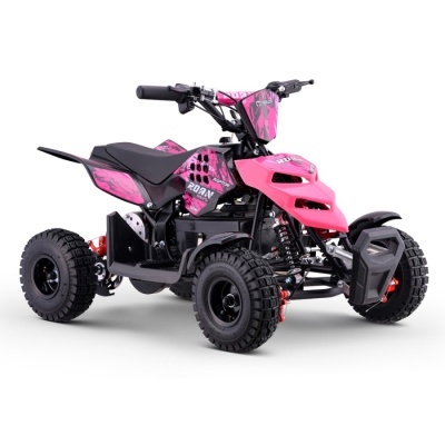 Quad elétrico infantil rosa e preto com pneus de borracha e suspensão