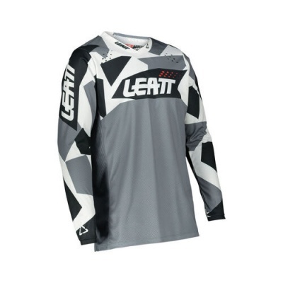 Camisola motocross cinza e preta com estampado geométrico e texto LEATT