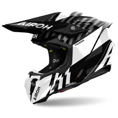 Capacete integral motocross preto e branco com texto AIROH e THUNDER