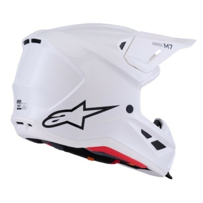 Capacete motocross branco com logótipo Alpinestars preto e detalhes em vermelho