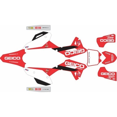 Autocolantes para moto GEICO em vermelho, branco e preto com texto visível.